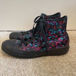 Converse Black High Top Sneakers with Pink & Teal Sequins